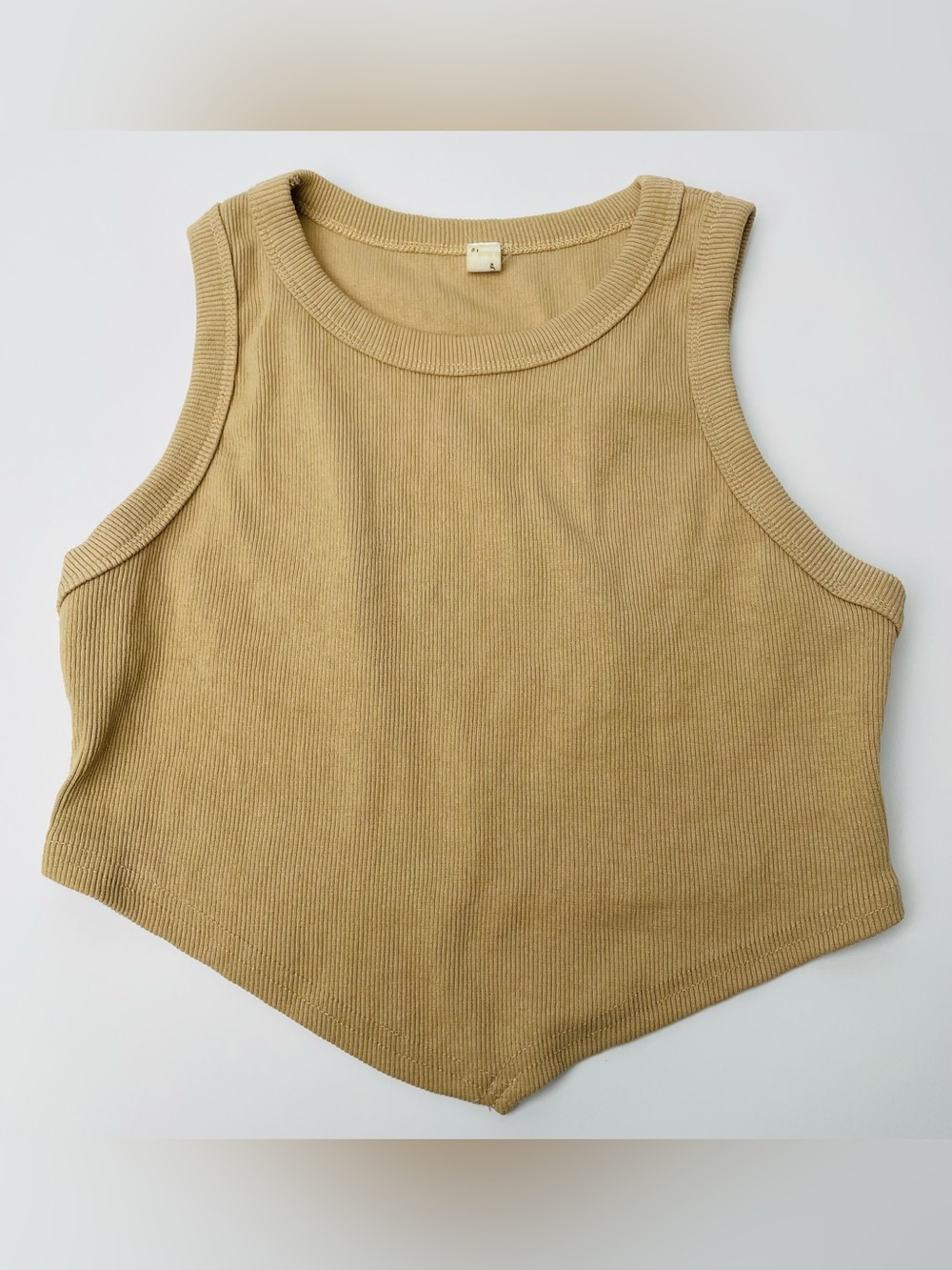 Hey Babe Tan Ribbed Pointed Hem Stretchy Crop Top | Medium